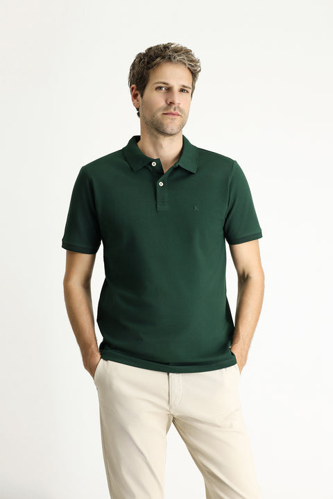 Dark Green Regular Fit Embroidered Cotton Polo Shirt