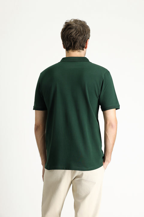 Dark Green Regular Fit Embroidered Cotton Polo Shirt