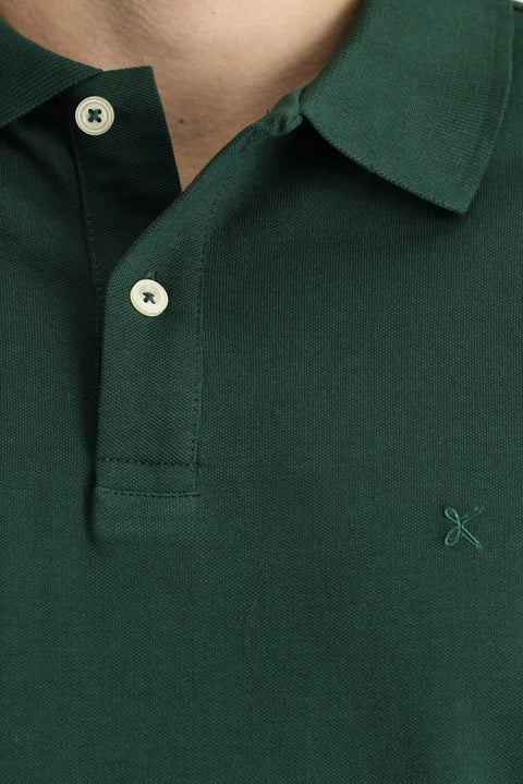 Dark Green Regular Fit Embroidered Cotton Polo Shirt