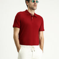 Dark Red Regular Fit Embroidered Cotton Polo Shirt