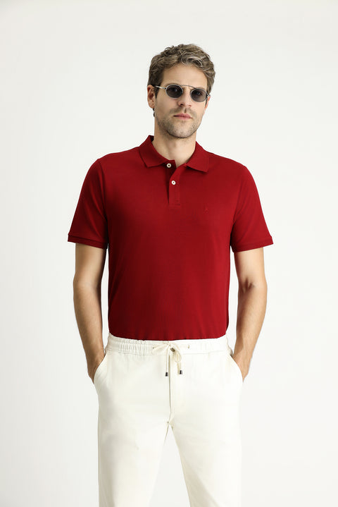 Dark Red Regular Fit Embroidered Cotton Polo Shirt