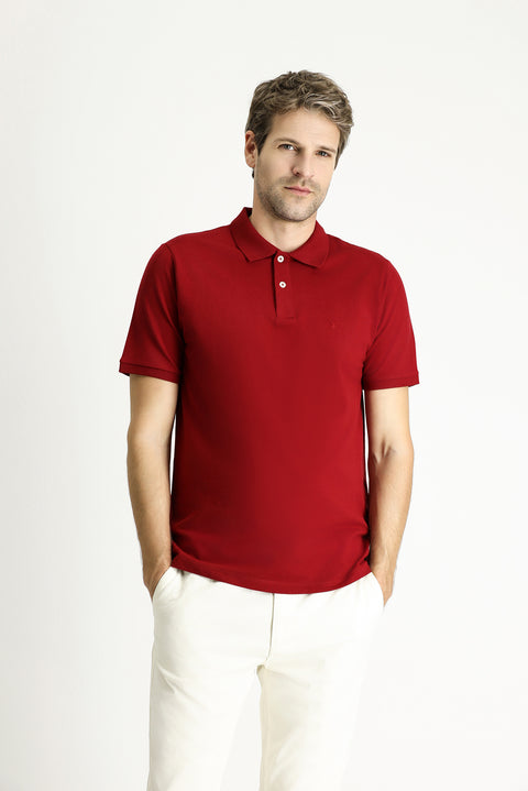 Dark Red Regular Fit Embroidered Cotton Polo Shirt