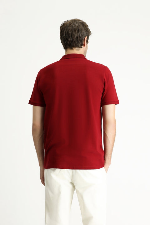 Dark Red Regular Fit Embroidered Cotton Polo Shirt