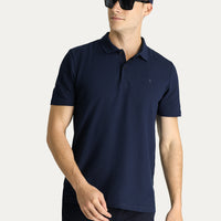 Dark Navy Polo Collar Regular Fit Embroidered Cotton T-Shirt