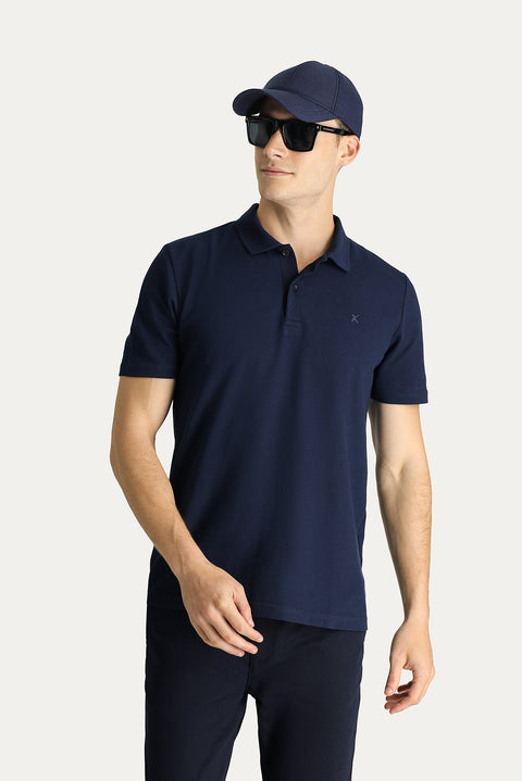 Dark Navy Polo Collar Regular Fit Embroidered Cotton T-Shirt