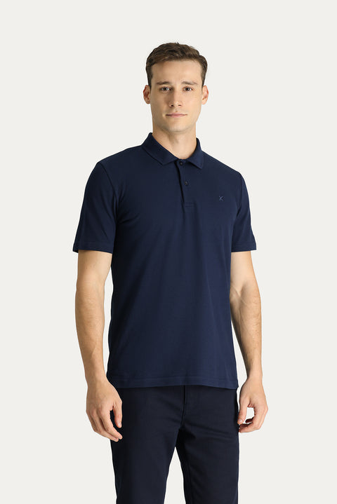 Dark Navy Polo Collar Regular Fit Embroidered Cotton T-Shirt