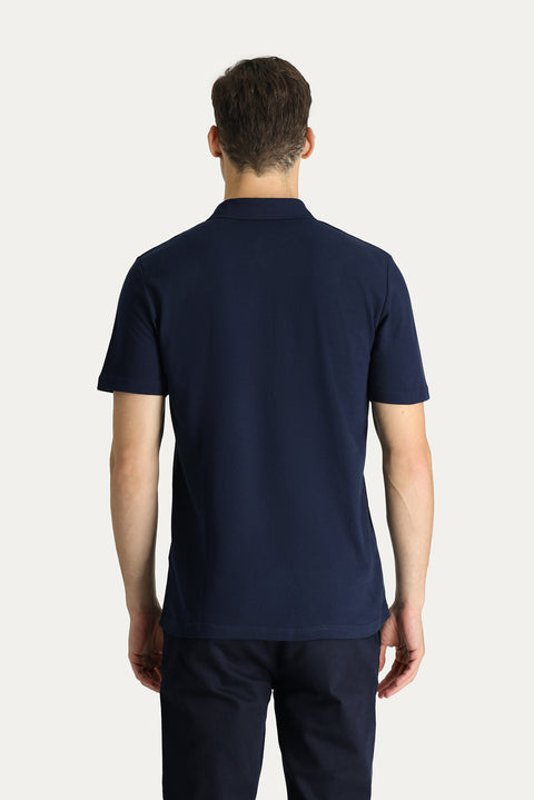 Dark Navy Polo Collar Regular Fit Embroidered Cotton T-Shirt