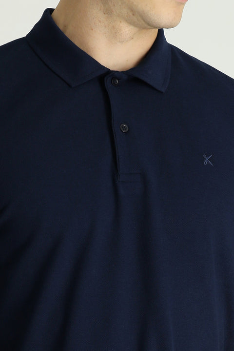 Dark Navy Polo Collar Regular Fit Embroidered Cotton T-Shirt
