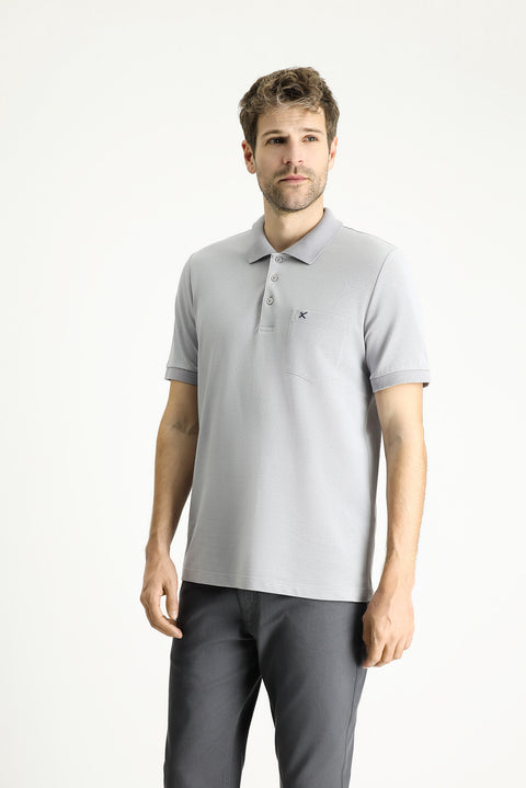 Medium Grey Regular Fit Embroidered Cotton Polo Shirt