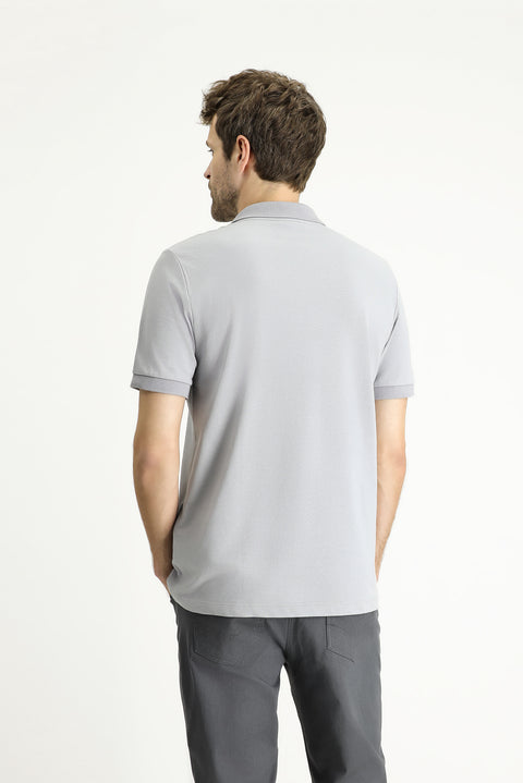 Medium Grey Regular Fit Embroidered Cotton Polo Shirt