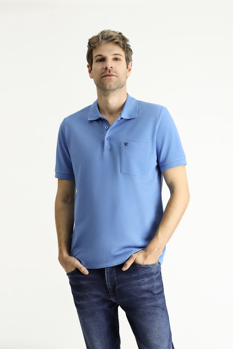 Aviator Blue Regular Fit Embroidered Cotton Polo Shirt