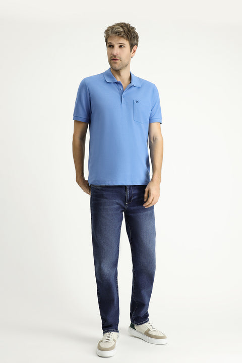 Aviator Blue Regular Fit Embroidered Cotton Polo Shirt