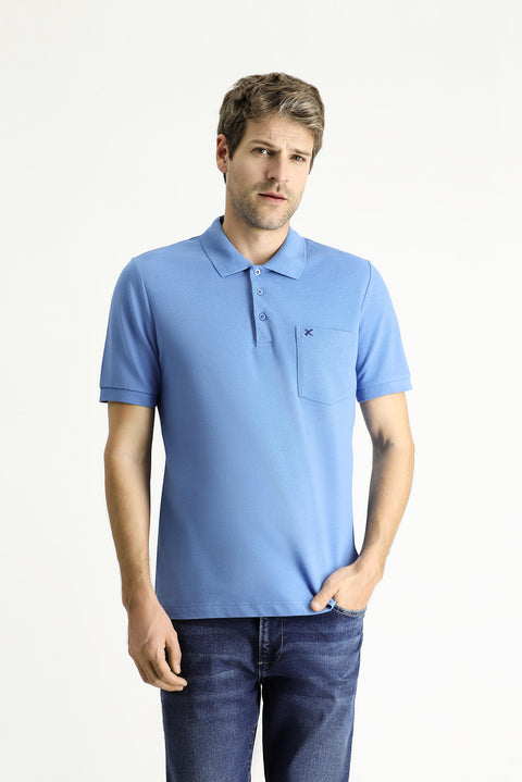 Aviator Blue Regular Fit Embroidered Cotton Polo Shirt