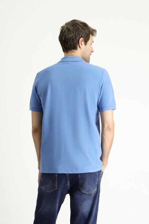 Aviator Blue Regular Fit Embroidered Cotton Polo Shirt