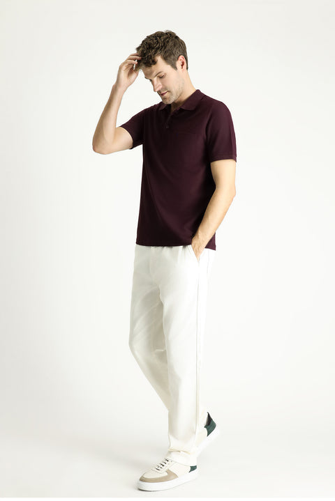 Dark Burgundy Regular Fit Embroidered Cotton Polo Shirt