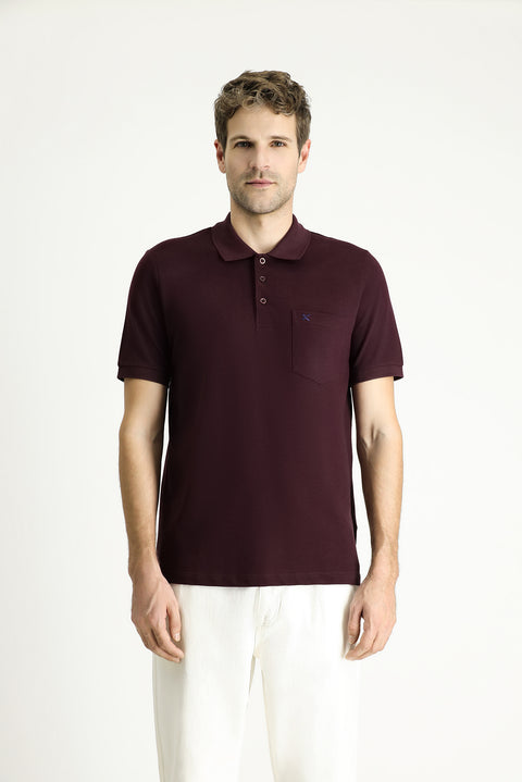Dark Burgundy Regular Fit Embroidered Cotton Polo Shirt
