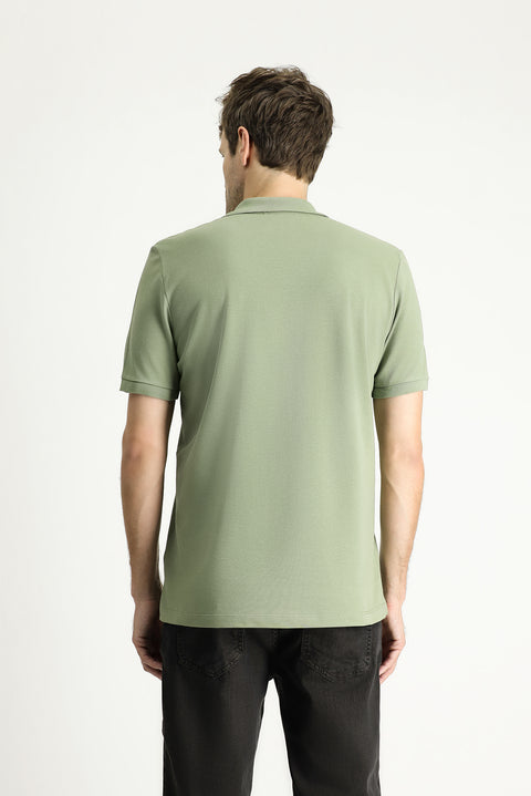 Forest Green Regular Fit Embroidered Cotton Polo Shirt