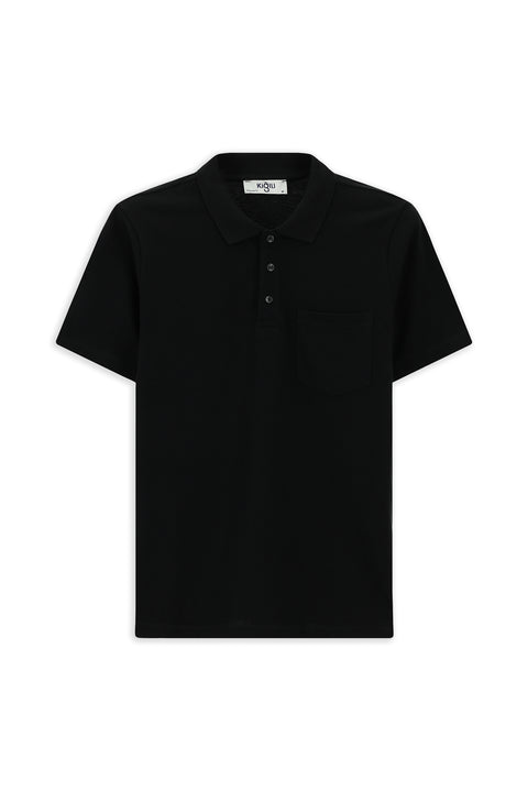 Black Slim Fit Narrow Cut Cotton Polo Shirt with Pockets