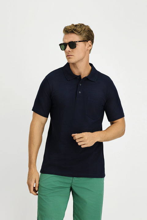 Dark Navy Slim Fit Cotton Polo Shirt with Pockets