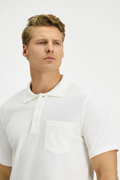 White Slim Fit Narrow Cut Cotton Polo Shirt with Pockets