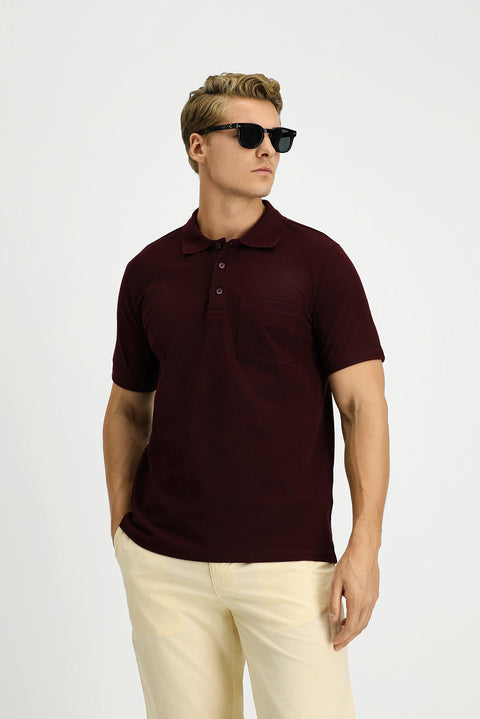 Dark Burgundy Slim Fit Cotton Polo Shirt with Pockets