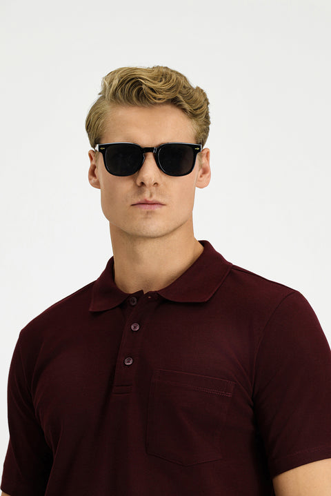 Dark Burgundy Slim Fit Cotton Polo Shirt with Pockets