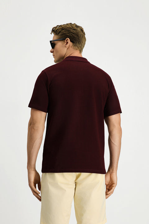 Dark Burgundy Slim Fit Cotton Polo Shirt with Pockets