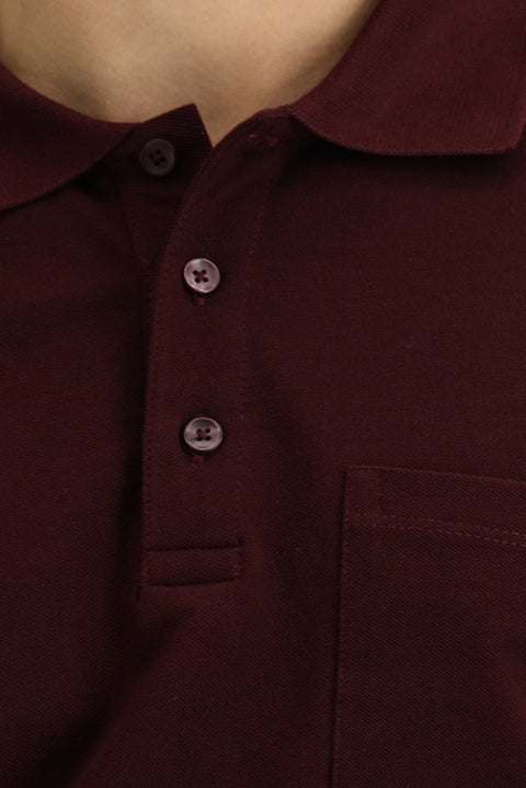 Dark Burgundy Slim Fit Cotton Polo Shirt with Pockets