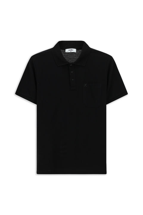 Siyah Regular Fit Pamuk Nakışlı Cepli Kıvrılmaz Polo Yaka Tişört