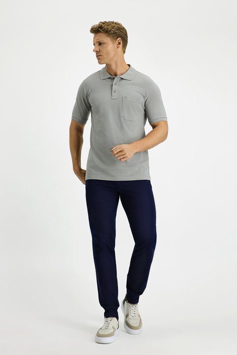 Medium Grey Regular Fit Cotton Embroidered Pocketed Non-Rash Polo Collar T-Shirt