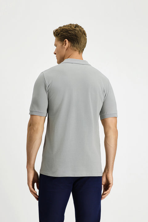 Medium Grey Regular Fit Cotton Embroidered Pocketed Non-Rash Polo Collar T-Shirt