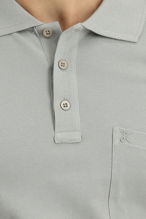 Medium Grey Regular Fit Cotton Embroidered Pocketed Non-Rash Polo Collar T-Shirt