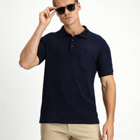 Dark Navy Regular Fit Cotton Embroidered Pocketed Non-Rumbling Polo Collar T-Shirt