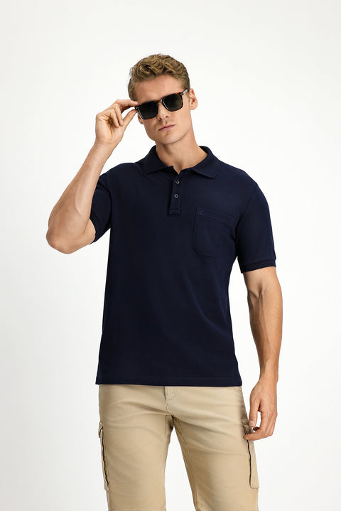 Dark Navy Regular Fit Cotton Embroidered Pocketed Non-Rumbling Polo Collar T-Shirt
