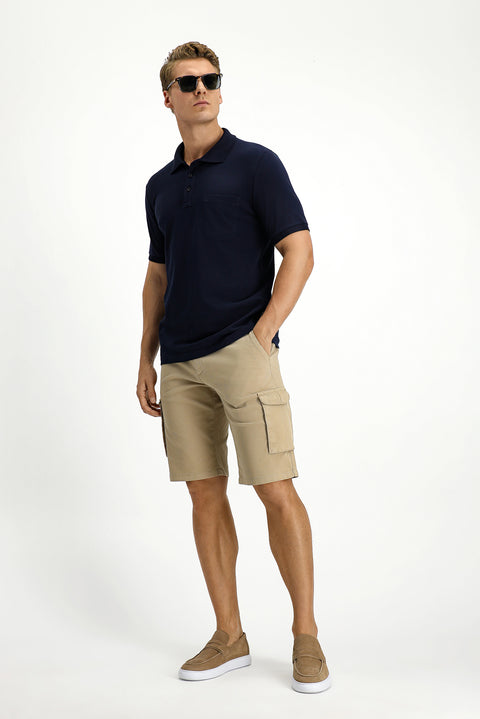 Dark Navy Regular Fit Cotton Embroidered Pocketed Non-Rumbling Polo Collar T-Shirt