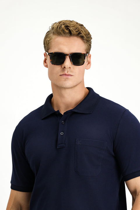 Dark Navy Regular Fit Cotton Embroidered Pocketed Non-Rumbling Polo Collar T-Shirt