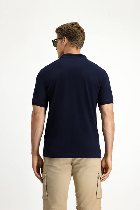 Dark Navy Regular Fit Cotton Embroidered Pocketed Non-Rumbling Polo Collar T-Shirt
