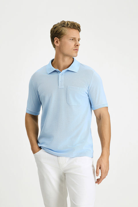 Light Blue Regular Fit Cotton Embroidered Pocketed Non-Rumbling Polo Collar T-Shirt