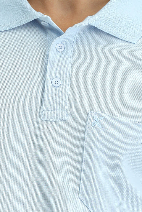 Light Blue Regular Fit Cotton Embroidered Pocketed Non-Rumbling Polo Collar T-Shirt