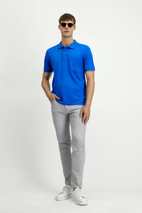 Navy Blue Regular Fit Cotton Embroidered Pocketed Non-Rash Polo Collar T-Shirt