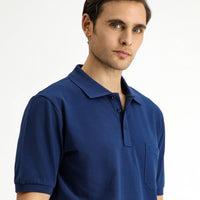 Indigo Regular Fit Cotton Embroidered Pocketed Non-Rash Polo Collar T-Shirt