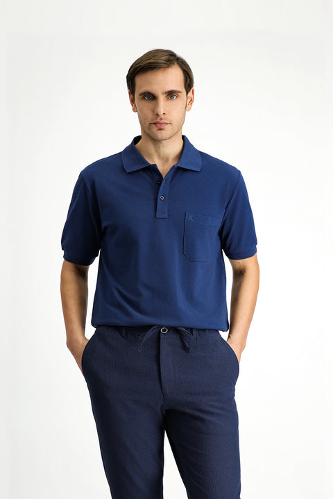 Indigo Regular Fit Cotton Embroidered Pocketed Non-Rash Polo Collar T-Shirt