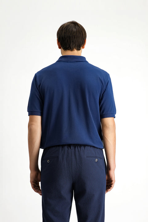 Indigo Regular Fit Cotton Embroidered Pocketed Non-Rash Polo Collar T-Shirt