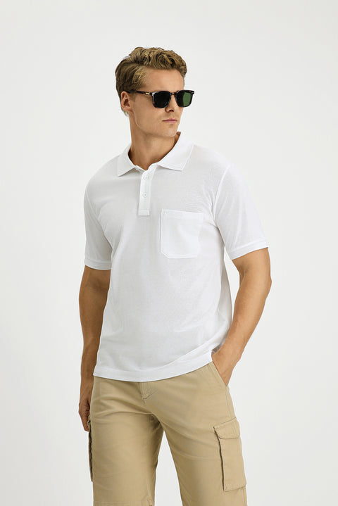 White Regular Fit Cotton Embroidered Pocketed Non-Rumbling Polo Shirt