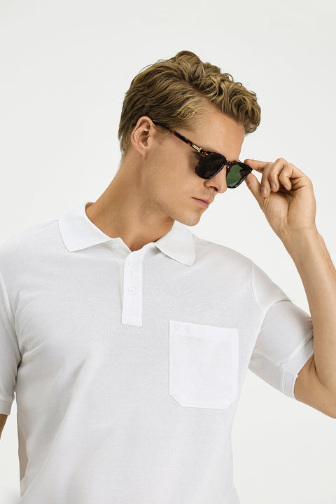 White Regular Fit Cotton Embroidered Pocketed Non-Rumbling Polo Shirt