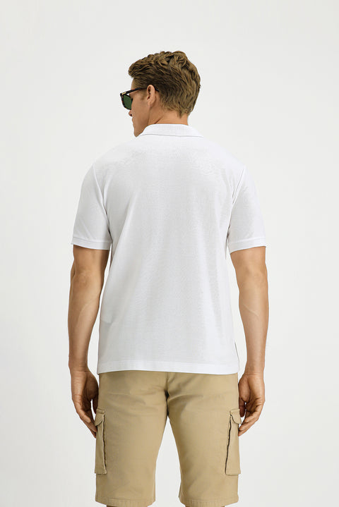 White Regular Fit Cotton Embroidered Pocketed Non-Rumbling Polo Shirt