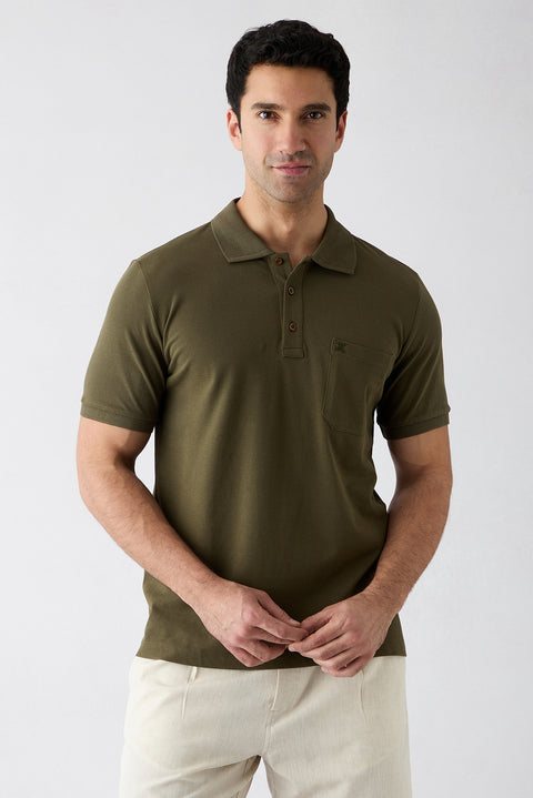 Medium Khaki Regular Fit Cotton Embroidered Pocketed Non-Rash Polo Collar T-Shirt