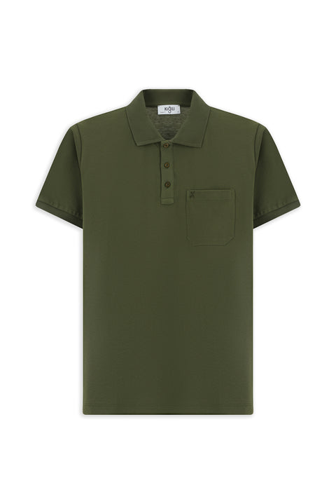 Medium Khaki Regular Fit Cotton Embroidered Pocketed Non-Rash Polo Collar T-Shirt