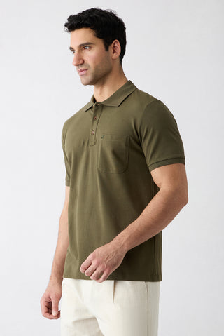  Orta Haki Regular Fit Pamuk Nakışlı Cepli Kıvrılmaz Polo Yaka Tişört