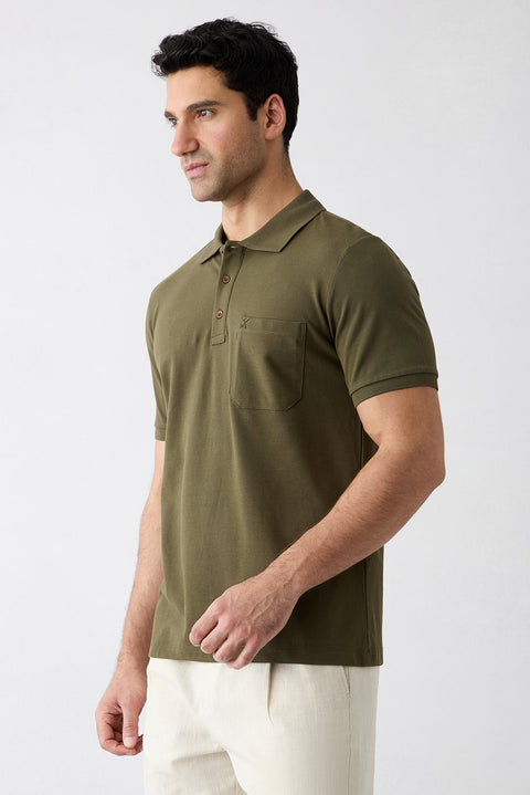 Medium Khaki Regular Fit Cotton Embroidered Pocketed Non-Rash Polo Collar T-Shirt